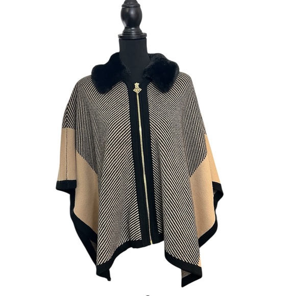 Anne Klein Zip-Up Oversized Poncho With Faux Fur Collar Tan/Black Size M - Picture 7 of 12